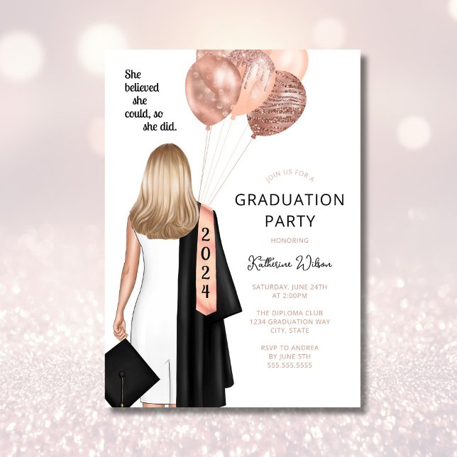 Invitation Blonde Girl Elle Croyait Blush Graduation Party (Créateur téléchargé)