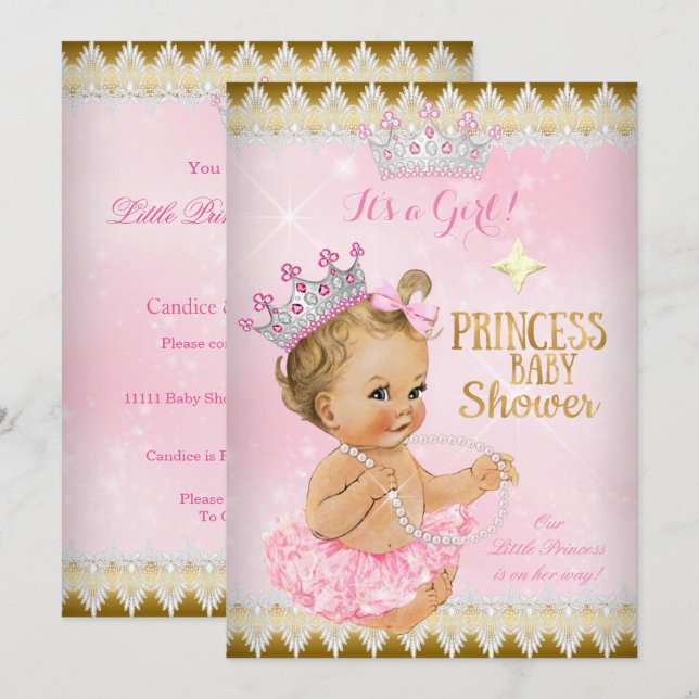 Invitation Blonde Girl Princess Baby shower rose Tutu Gold (Devant / Derrière)