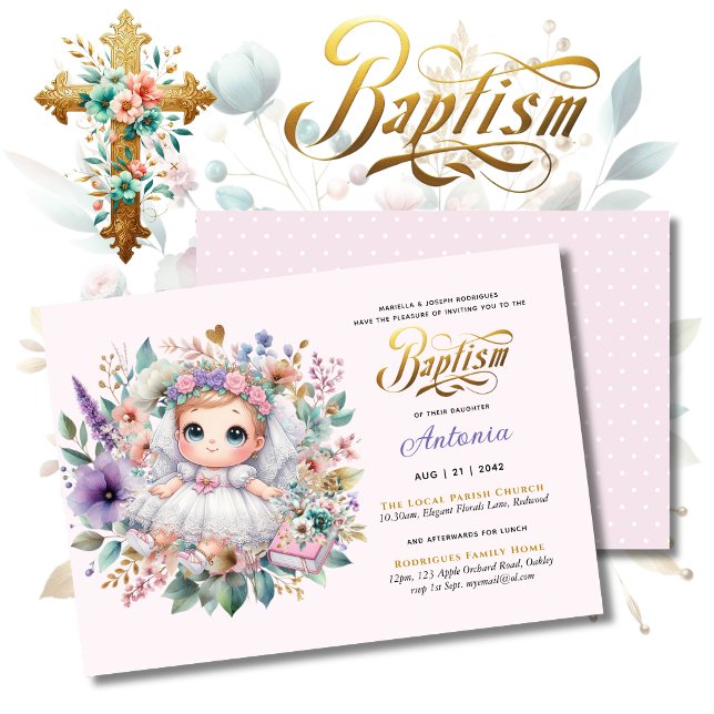 Invitation Blonde Girl's BAPTISM Purple Gold Floral Cross (Créateur téléchargé)
