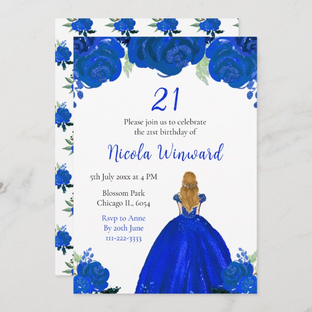 Invitation Blonde Hair Princess Blue Floral Anniversaire (Devant / Derrière)