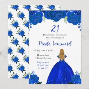 Invitation Blonde Hair Princess Blue Floral Anniversaire