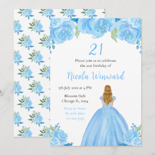 Invitation Blonde Hair Princess Blue Floral Anniversaire