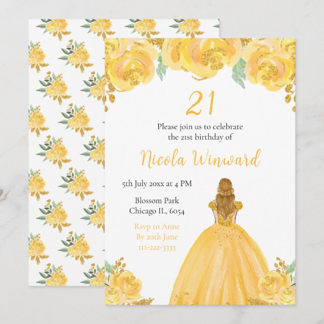 Invitation Blonde Hair Princess Gold Floral fête d'anniversai (Devant / Derrière)