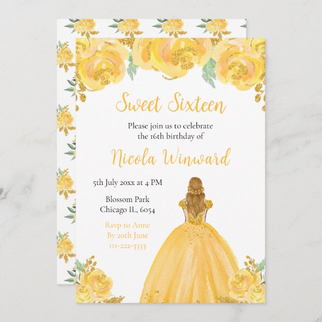 Invitation Blonde Hair Princess Gold Floral Sweet sixteen (Devant / Derrière)