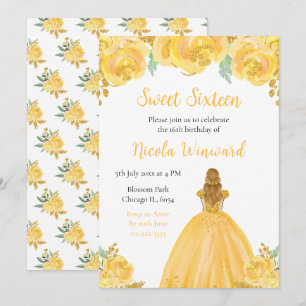 Invitation Blonde Hair Princess Gold Floral Sweet sixteen
