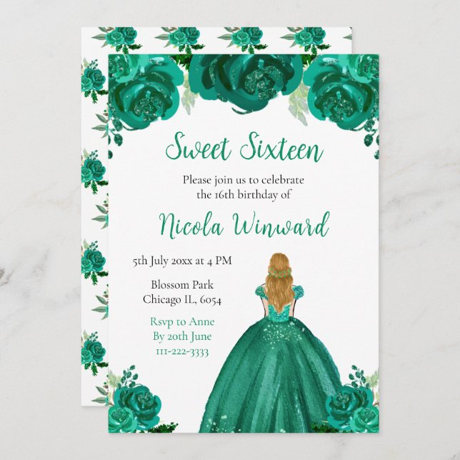 Invitation Blonde Hair Princess Green Floral Sweet sixteen (Devant / Derrière)