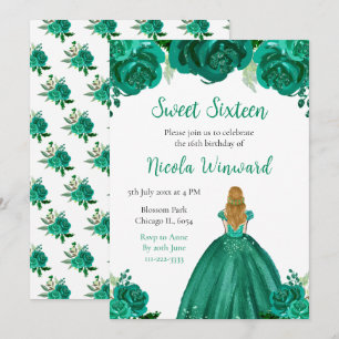 Invitation Blonde Hair Princess Green Floral Sweet sixteen
