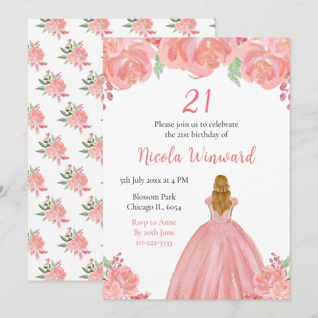 Invitation Blonde Hair Princess Pink Floral fête d'anniversai (Devant / Derrière)