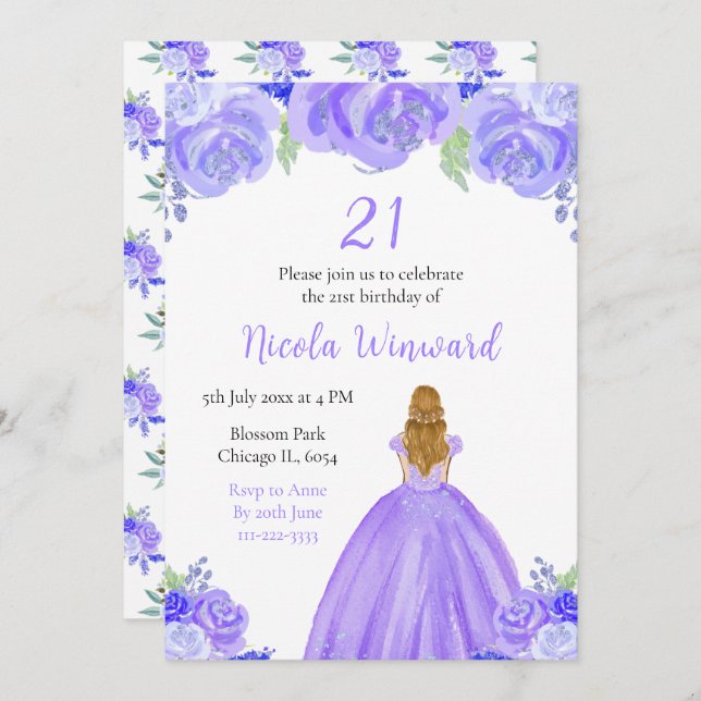 Invitation Blonde Hair Princess Purple Floral Anniversaire (Devant / Derrière)