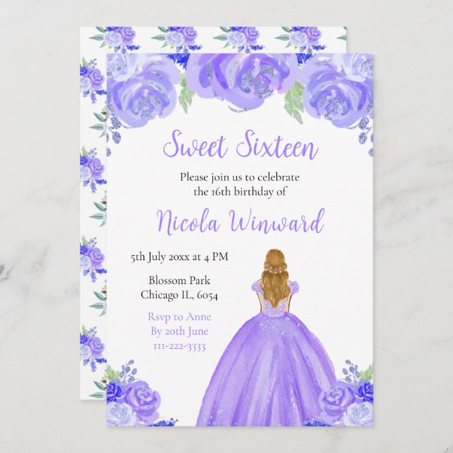 Invitation Blonde Hair Princess Purple Floral Sweet sixteen (Devant / Derrière)