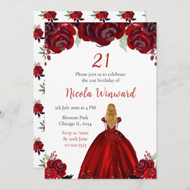 Invitation Blonde Hair Princess Red Floral Birthday Party (Devant / Derrière)