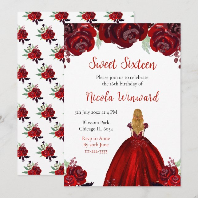 Invitation Blonde Hair Princess Red Floral Sweet sixteen (Devant / Derrière)