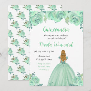 Invitation Blonde Hair Princesse Mint Floral Quinceanera