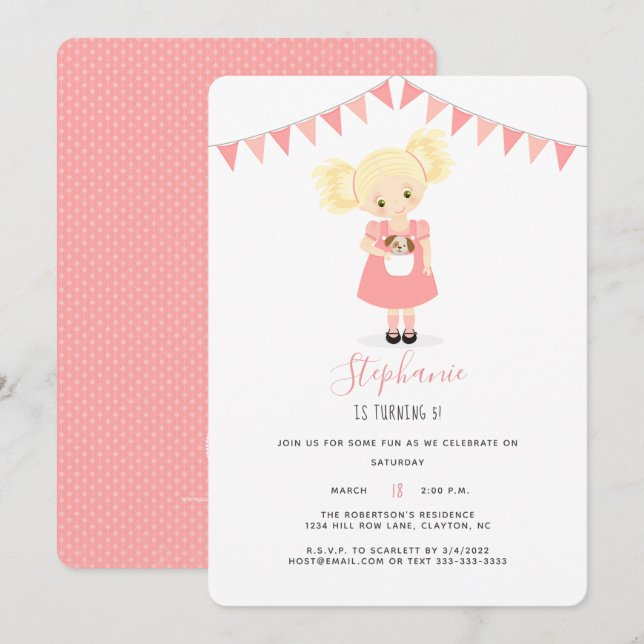 Invitation Blonde mignonne Anniversaire fille et chiot (Devant / Derrière)