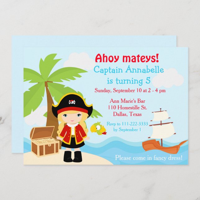 Invitation Blonde mignonne fille pirate à la fête d'anniversa (Devant / Derrière)