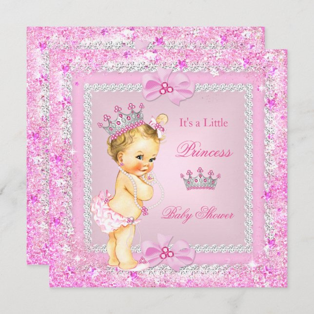 Invitation Blonde Princess Baby shower rose Parties scintilla (Devant / Derrière)