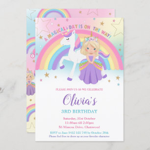 Invitation Blonde Princess Unicorn Anniversaire Party Rainbow