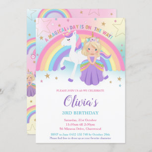 Invitation Blonde Princess Unicorn Anniversaire Party Rainbow