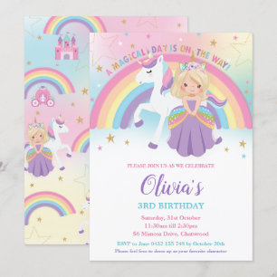 Invitation Blonde Princess Unicorn Anniversaire Party Rainbow