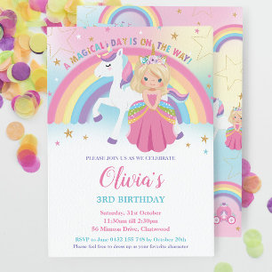 Invitation Blonde Princess Unicorne Anniversaire rose arc-en-