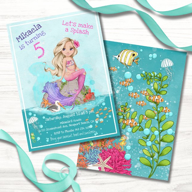 Invitation Blonde Whimsical Pink Mermaid Girl Anniversaire (Créateur téléchargé)
