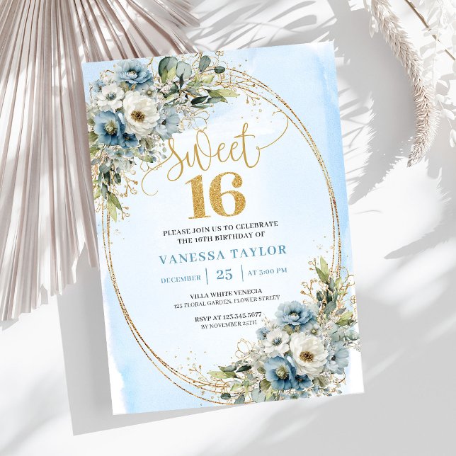 Invitation Blooming Dusty Blue Floral Sweet Sixteen Birthday  (Blooming Dusty Blue Floral Sweet Sixteen Birthday Invitation

)