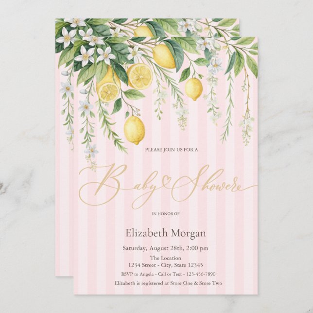 Invitation  Blooming Lemons Pink Striped Baby Shower (Devant / Derrière)