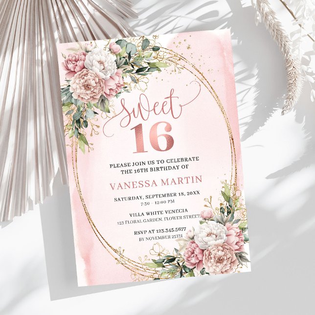 Invitation Blooming Pastel Pink Flowers Eucalyptus 16th Bday (Blooming Pastel Pink Flowers Eucalyptus 16th Birthday Invite

)