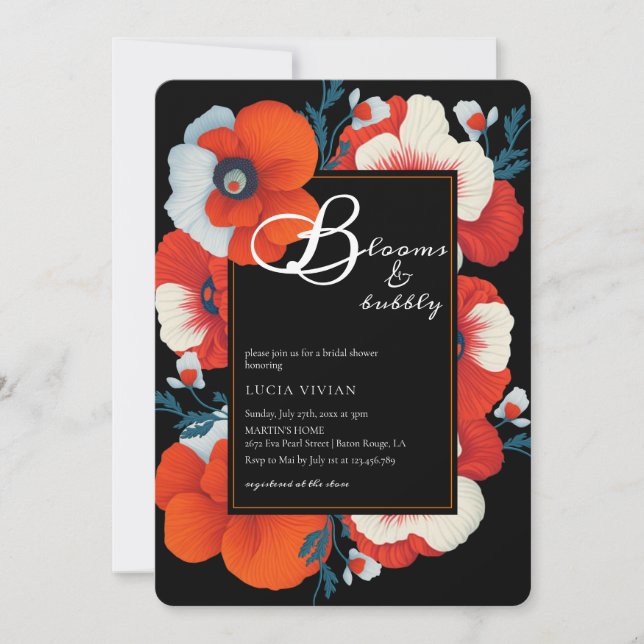 Invitation Blooms & Bubbly Bright Red Floral Fête des mariées (Devant)