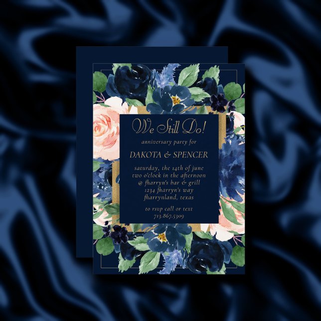 Invitation Blooms Chics | Anniversaire bleu et bleu foncé de  (Créateur téléchargé)