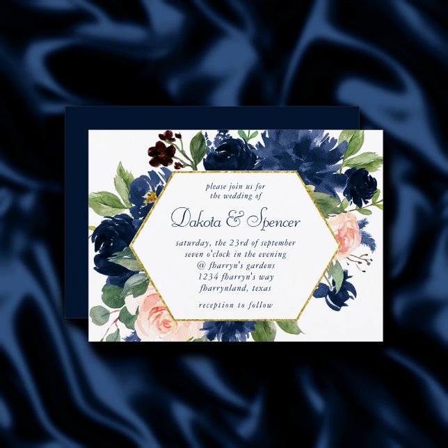 Invitation Blooms Chics | Cadre bleu marine et or rose (Créateur téléchargé)