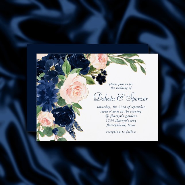 Invitation Blooms Chics | Floral bleu marine et rose pâle (Créateur téléchargé)
