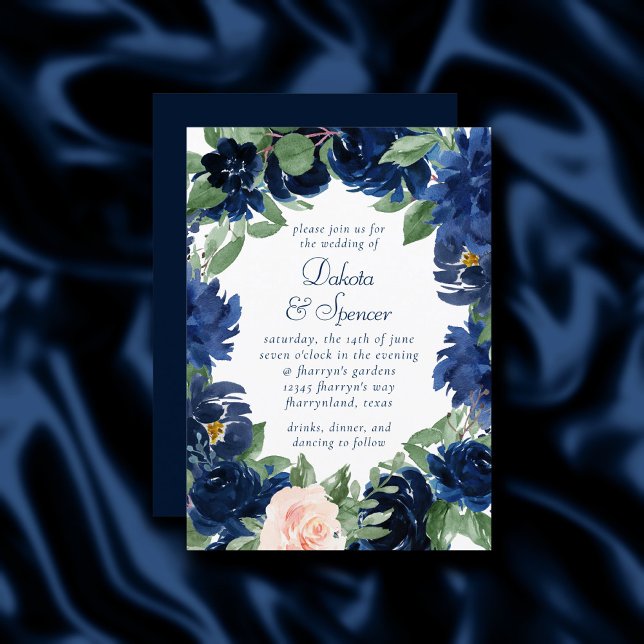 Invitation Blooms Chics | Mariage floral bleu et bleu marine (Créateur téléchargé)