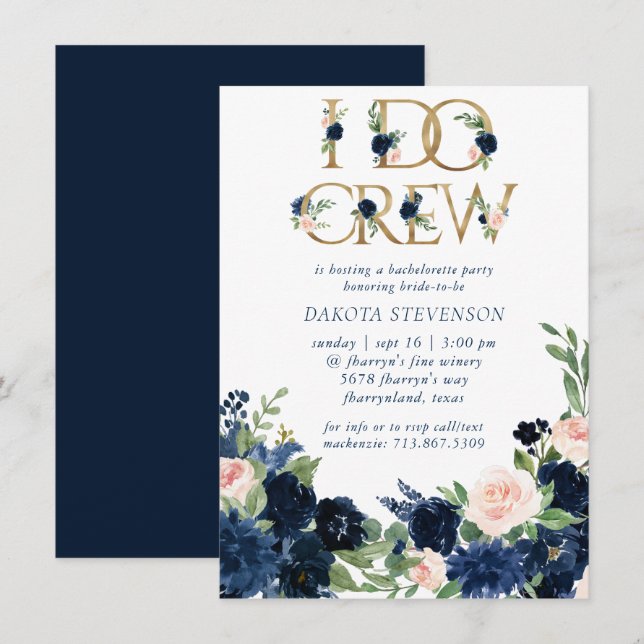 Invitation Blooms Chics | Marine romantique et équipage Blush (Devant / Derrière)