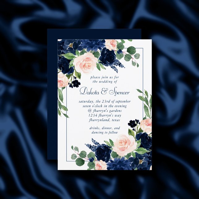 Invitation Blooms Chics | Romantic Blush Navy Mariage de cadr (Créateur téléchargé)