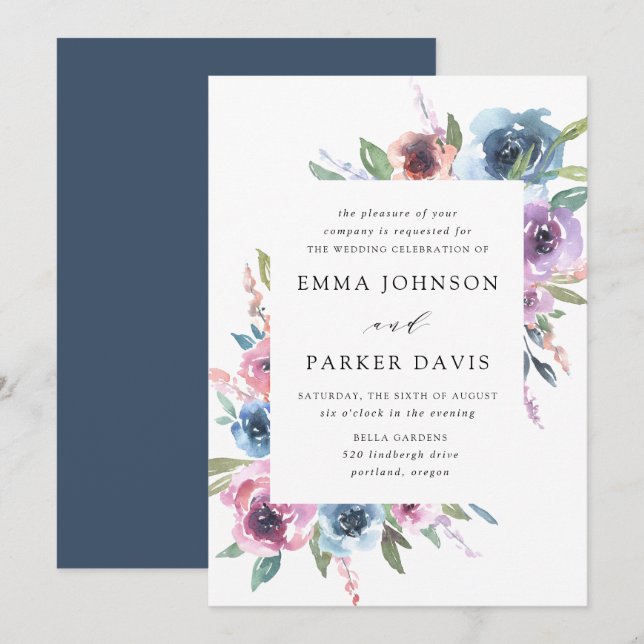 Invitation Blooms de minuit | Mariage floral pourpre et bleu (Devant / Derrière)