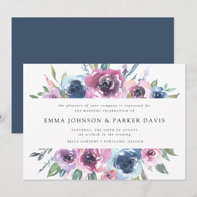 Invitation Blooms de minuit | Mariage floral pourpre et bleu (Devant / Derrière)