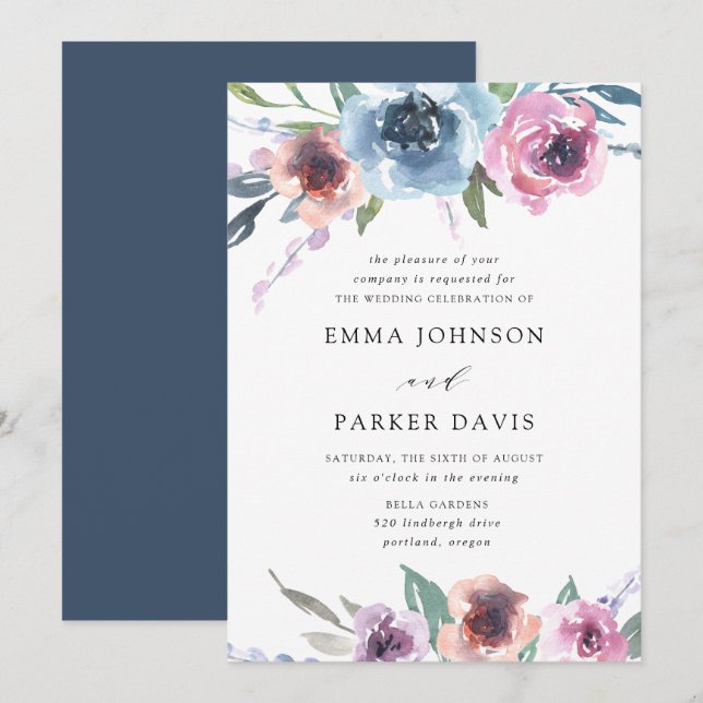 Invitation Blooms de minuit | Mariage floral pourpre et bleu (Devant / Derrière)