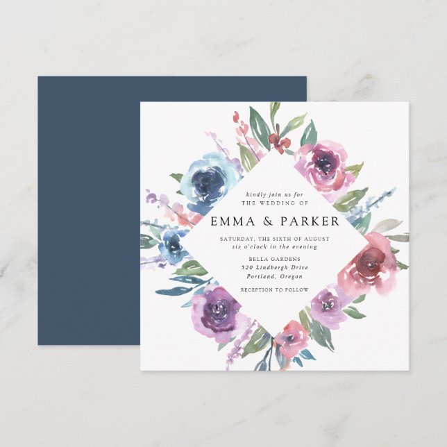 Invitation Blooms de minuit | Mariage floral pourpre et bleu (Devant / Derrière)