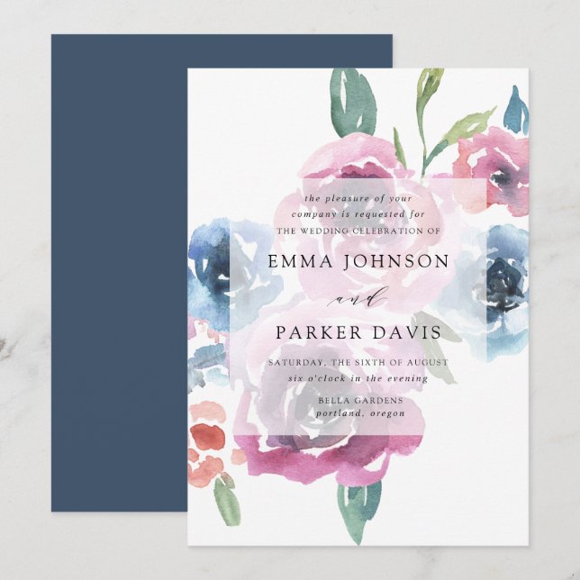 Invitation Blooms de minuit | Mariage floral pourpre et bleu (Devant / Derrière)