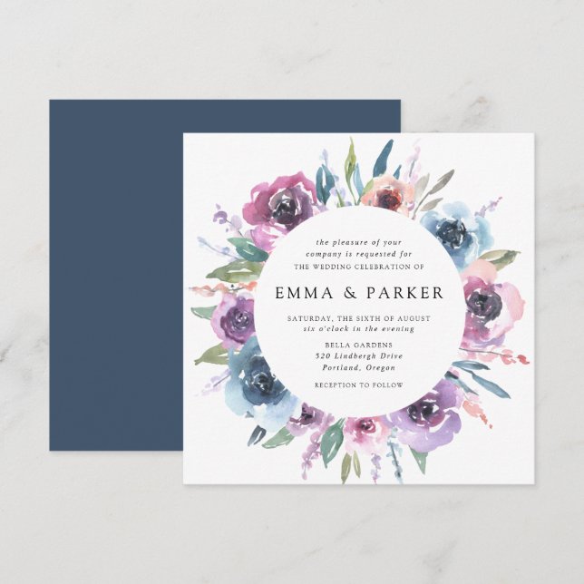 Invitation Blooms de minuit | Mariage floral pourpre et bleu (Devant / Derrière)