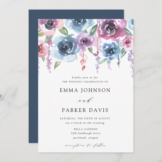 Invitation Blooms de minuit | Mariage floral pourpre et bleu (Devant / Derrière)