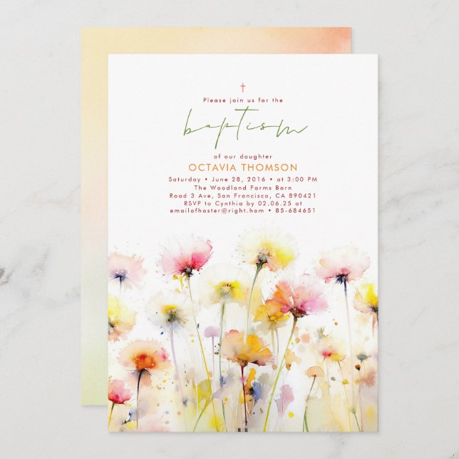 Invitation Blooms fleur sauvage Élégant Boho rose Baptême (Devant / Derrière)