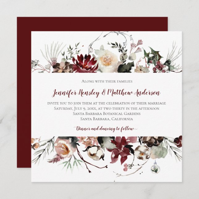 Invitation Blooms hivernaux - Bourgogne Mariage de texte | (Devant / Derrière)