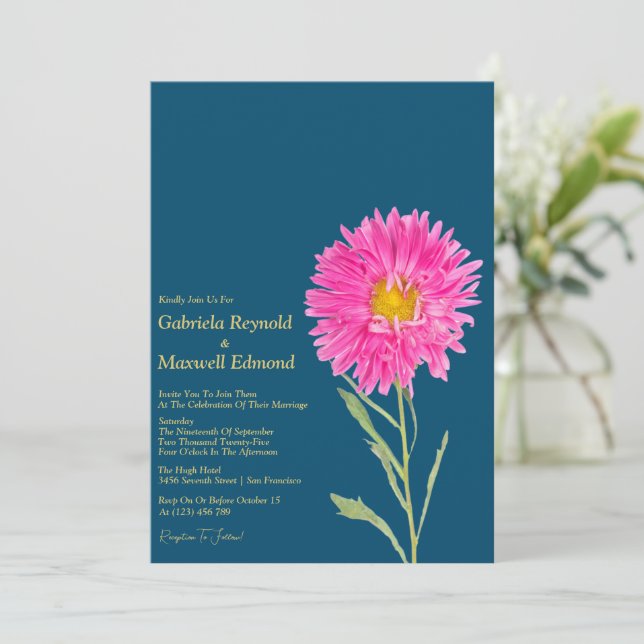 Invitation Blooms Nature Pink Aster Floral Mariage (Debout devant)