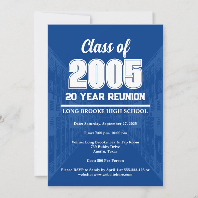 Invitation Blue 20 Year High School 2005 Class Reunion (Devant)