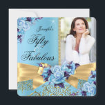Invitation Blue 50 & Fabuleux Photo Gold Rose Bow Anniversair<br><div class="desc">Fabuleux 50, Photo, Rose bleu violet or avec arc et damas or. Elégante Moderne et élégant Invitations de fête du 50e anniversaire. All Occasion Invitation Ajouter une invitation photo. Tous les invitations d'anniversaire des Occasions. Customisez avec vos propres détails et votre âge. Modèle pour Sweet 16, 16th, Quinceanera 15th, 18th,...</div>