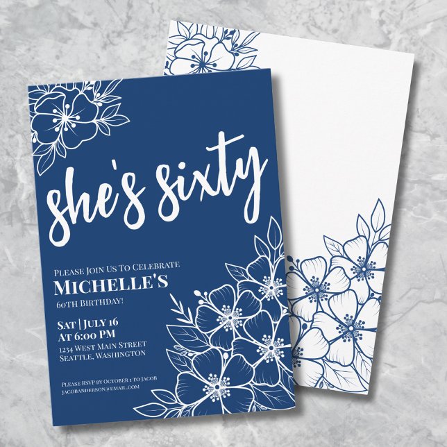 Invitation Blue 60th Birthday Party (Chic Sixty Navy Blue 60th Birthday Party Invitation)