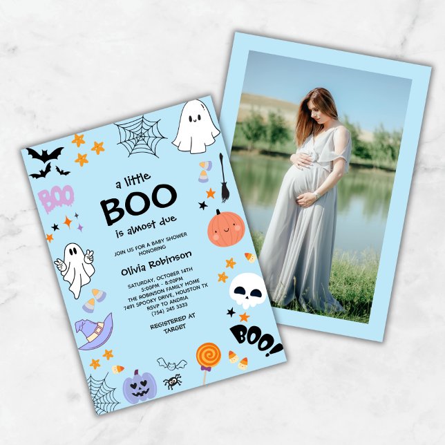Invitation Blue A Little Boo Cute Photo Baby shower Halloween (Blue A Little Boo Cute Photo Halloween Baby Shower Invitation )