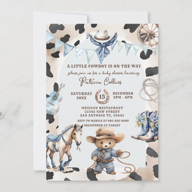 Invitation Blue A Little Cowboy Country Western Baby shower (Devant)